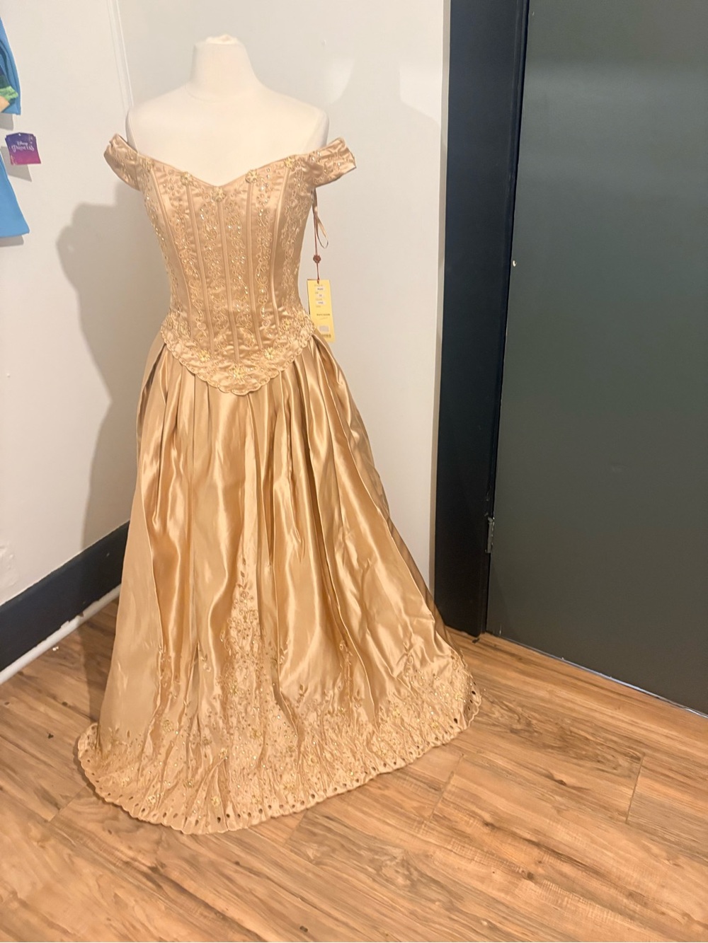 Gold Off-Shoulder Satin Prom Gown with Embroidered Bodice